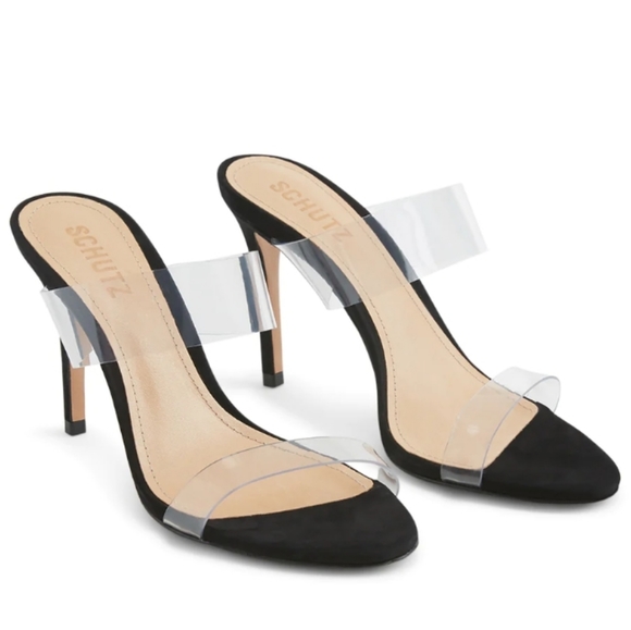 Schutz Ariella Clear Strap Slide Sandals Black 7 - Picture 2 of 6